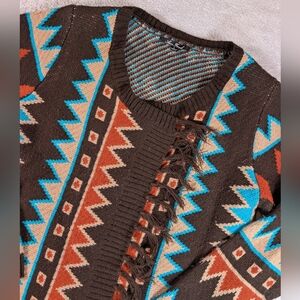 Anne French Women's L Aztec Western Tribal Cardigan Sweater Brown Blue Orange